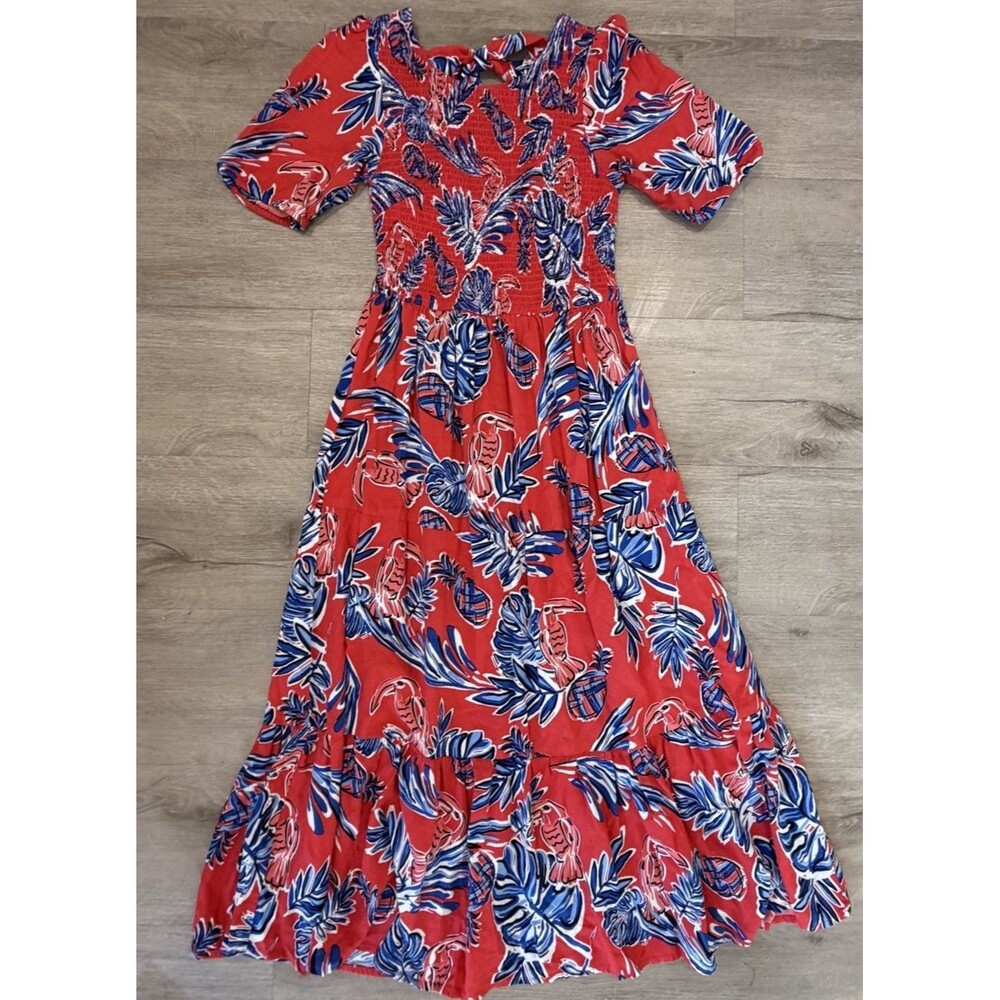 Sincerely Jules Smocked Tie Back Maxi Dress Red Blue Floral Puff Sleeve Rayon M